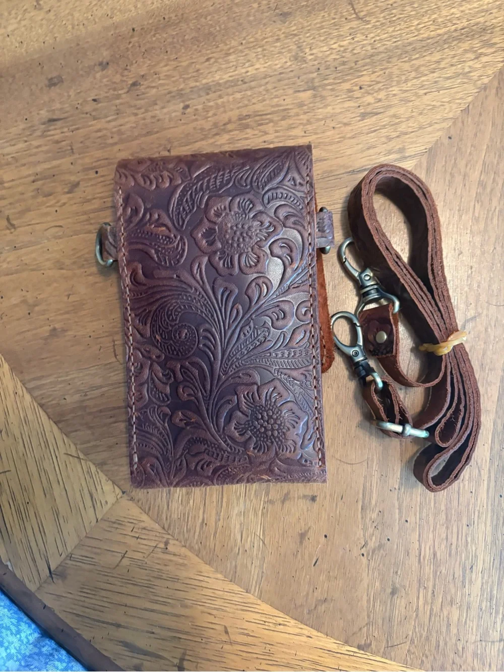 Brown Tooled Leather Crossbody Phone Pouch - Classic Men’s Bag